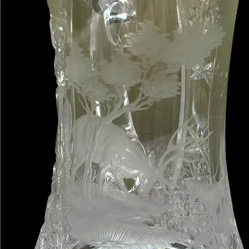 Vintage‎ Crystal Beer Stein Etched Deer Scene w/ Ornate Pewter Lid Barware
